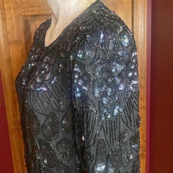 VNTG 60s Mark & John by Gopal Black n opalescent Sequin Beaded Silk Jacket Sz L - Picture 6 of 16